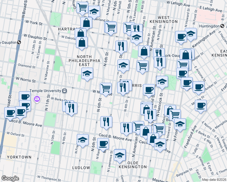 map of restaurants, bars, coffee shops, grocery stores, and more near 2048 North 5th Street in Philadelphia