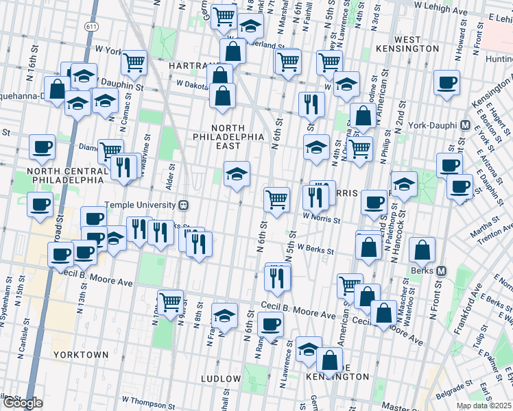 map of restaurants, bars, coffee shops, grocery stores, and more near 415 West Norris Street in Philadelphia