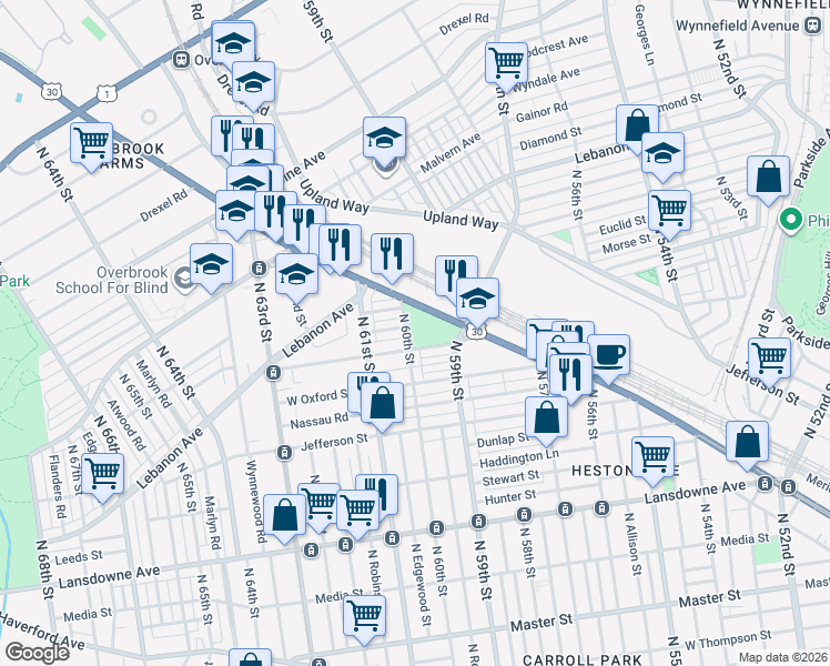 map of restaurants, bars, coffee shops, grocery stores, and more near 5901 West Columbia Avenue in Philadelphia