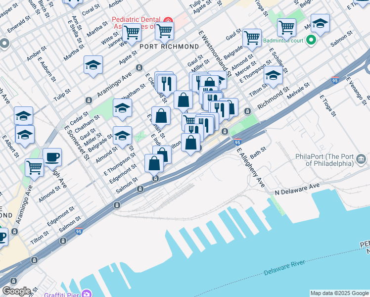map of restaurants, bars, coffee shops, grocery stores, and more near 3057 Salmon Street in Philadelphia