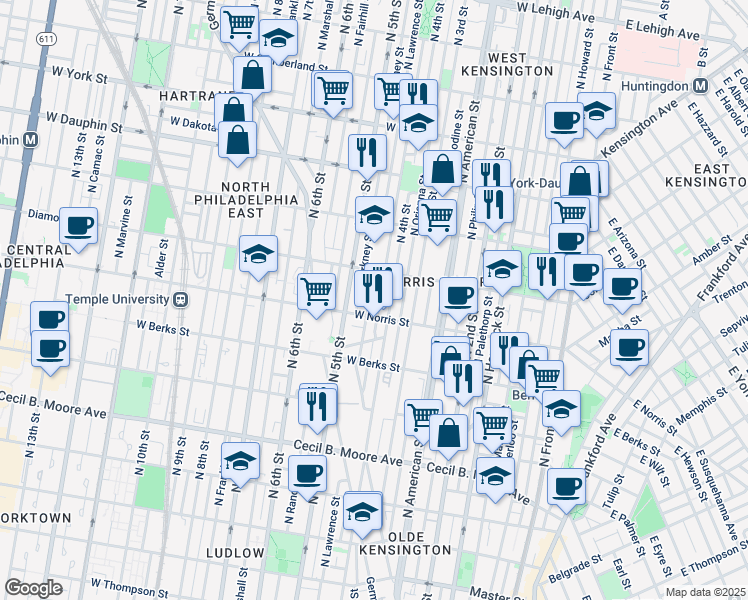 map of restaurants, bars, coffee shops, grocery stores, and more near 2017 North Lawrence Street in Philadelphia