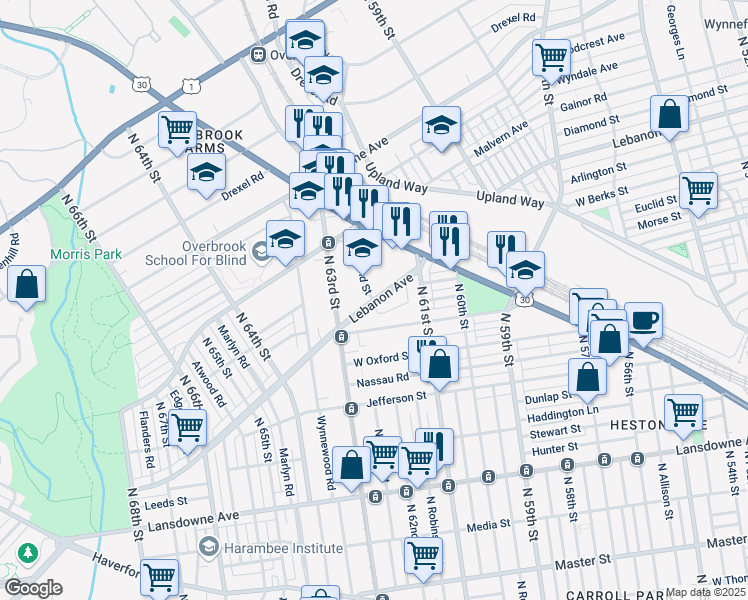 map of restaurants, bars, coffee shops, grocery stores, and more near 6201 Lebanon Avenue in Philadelphia