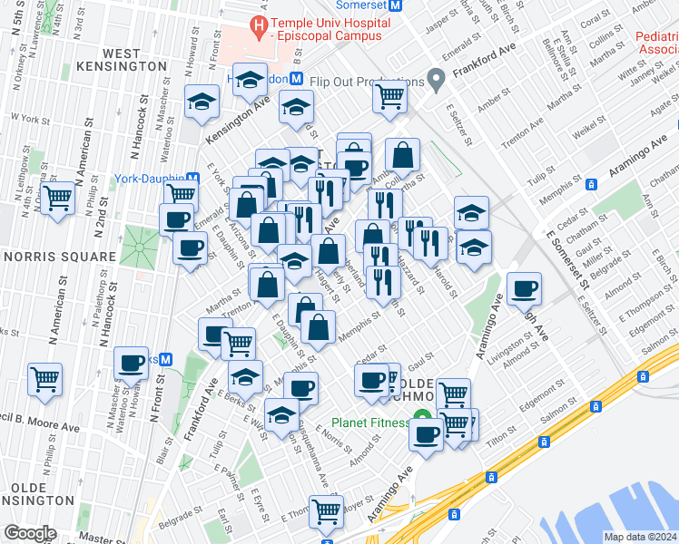 map of restaurants, bars, coffee shops, grocery stores, and more near 2171 East Letterly Street in Philadelphia