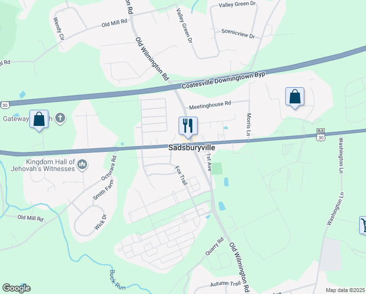 map of restaurants, bars, coffee shops, grocery stores, and more near in Sadsburyville
