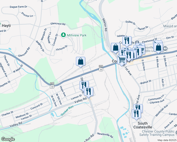 map of restaurants, bars, coffee shops, grocery stores, and more near 211 West Lincoln Highway in Coatesville