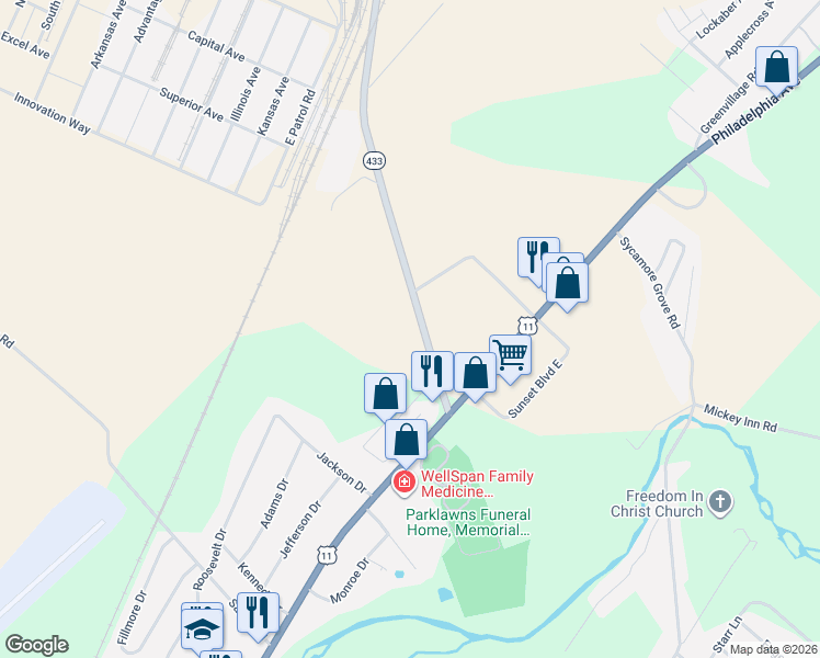 map of restaurants, bars, coffee shops, grocery stores, and more near 4172-4360 Sunset Pike in Chambersburg