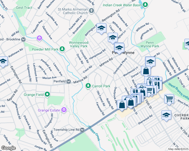 map of restaurants, bars, coffee shops, grocery stores, and more near 322 Old Forrest Road in Penn Wynne