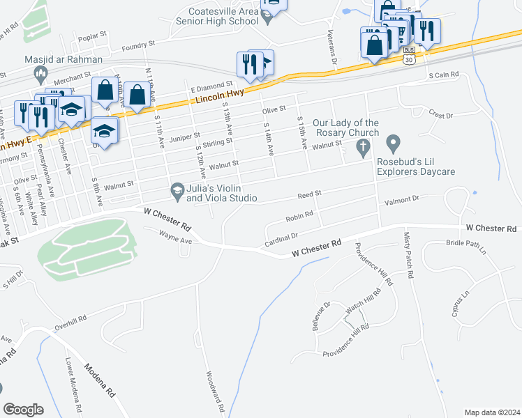 map of restaurants, bars, coffee shops, grocery stores, and more near 1336 Reed Street in Coatesville