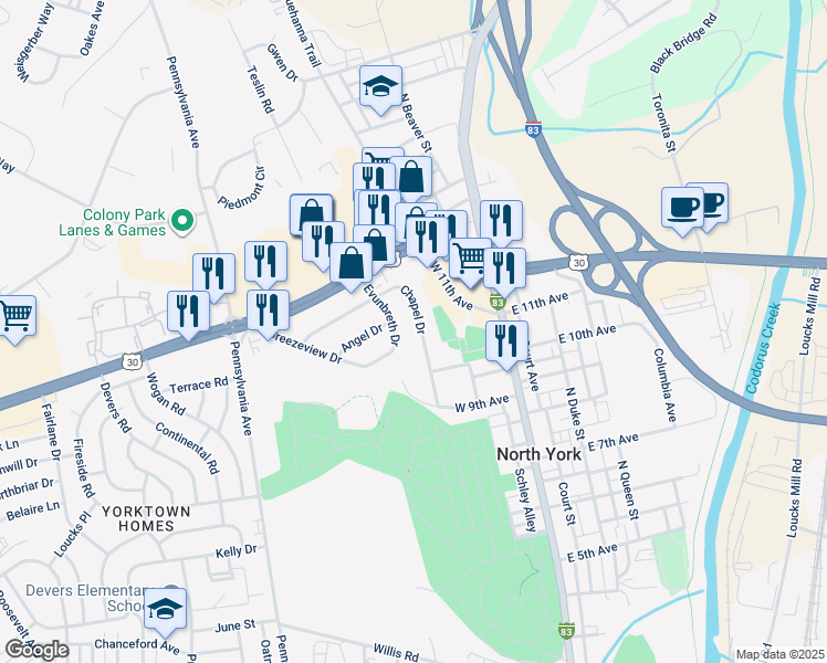 map of restaurants, bars, coffee shops, grocery stores, and more near 1440 Chapel Drive in York