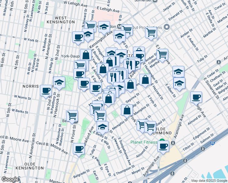 map of restaurants, bars, coffee shops, grocery stores, and more near 2120 East York Street in Philadelphia