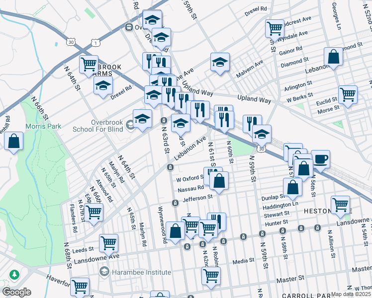 map of restaurants, bars, coffee shops, grocery stores, and more near 6201 Lebanon Avenue in Philadelphia