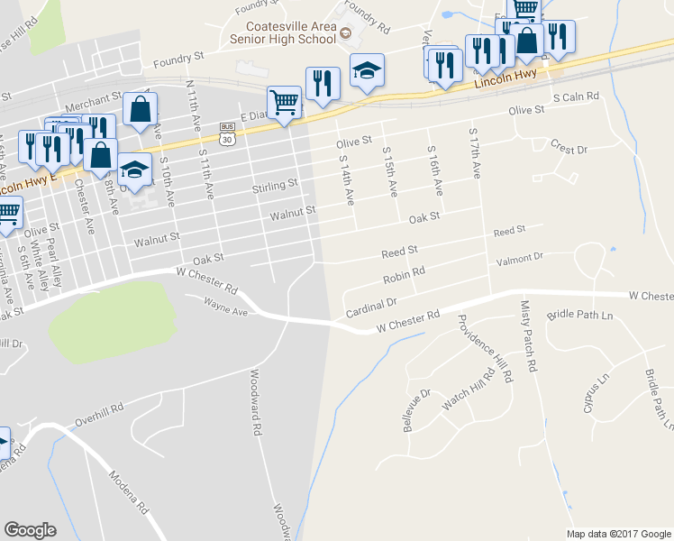 map of restaurants, bars, coffee shops, grocery stores, and more near 1336 Reed Street in Coatesville