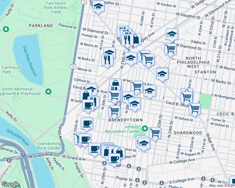 map of restaurants, bars, coffee shops, grocery stores, and more near Cecil B. Moore Ave & N 29th St in Philadelphia