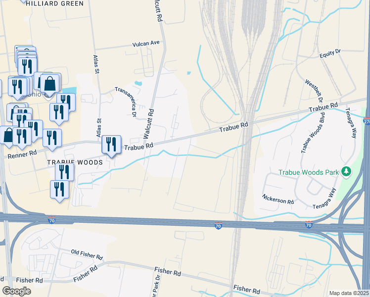 map of restaurants, bars, coffee shops, grocery stores, and more near 5101 Trabue Road in Columbus
