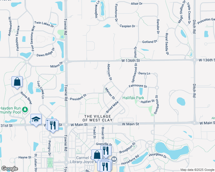 map of restaurants, bars, coffee shops, grocery stores, and more near 13477 Abercorn Street in Carmel