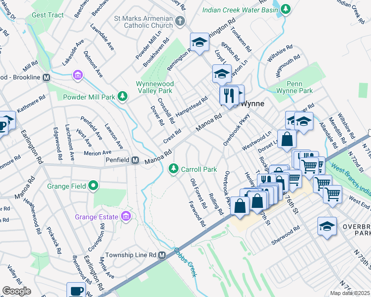 map of restaurants, bars, coffee shops, grocery stores, and more near 322 Old Forrest Road in Penn Wynne