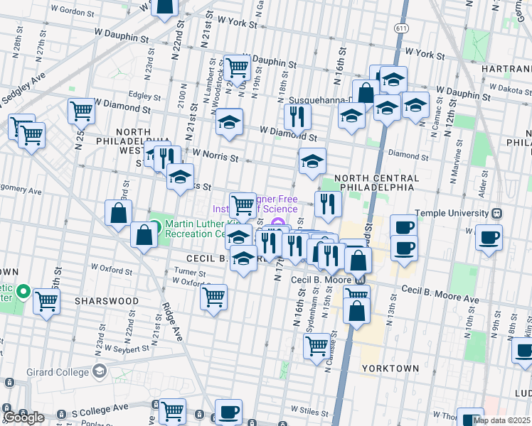 map of restaurants, bars, coffee shops, grocery stores, and more near 1821 North 18th Street in Philadelphia