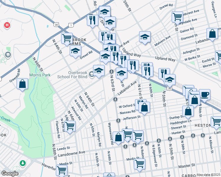 map of restaurants, bars, coffee shops, grocery stores, and more near 1122 North 63rd Street in Philadelphia