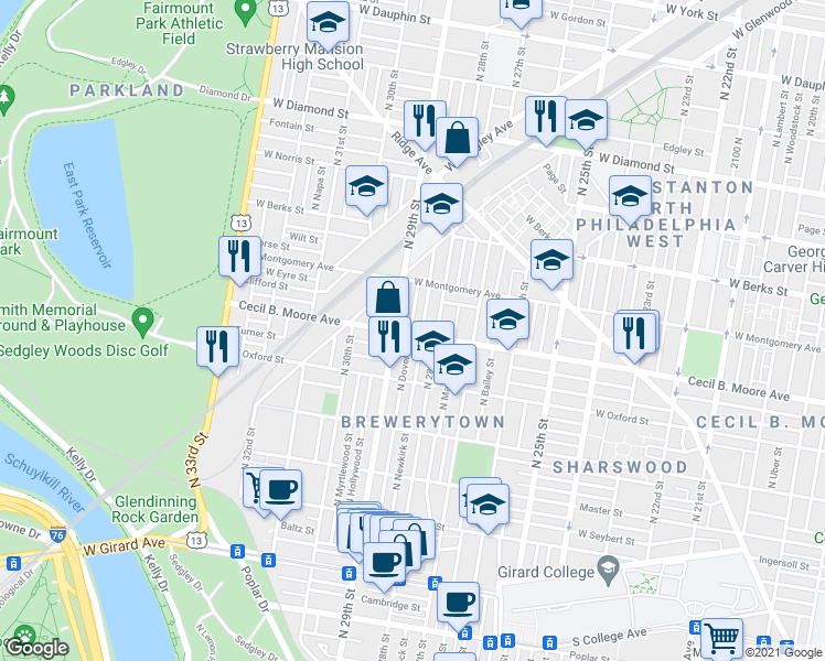 map of restaurants, bars, coffee shops, grocery stores, and more near 1701 North Dover Street in Philadelphia