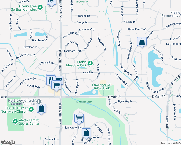 map of restaurants, bars, coffee shops, grocery stores, and more near 5282 Ivy Hill Drive in Carmel
