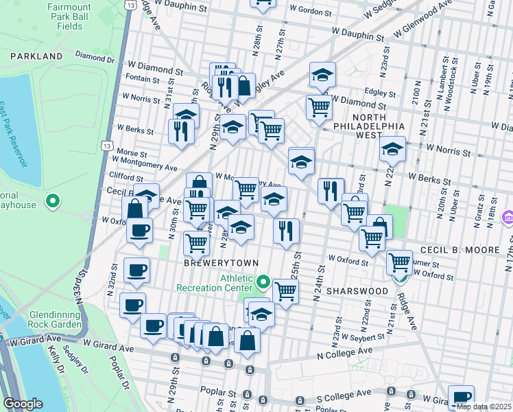 map of restaurants, bars, coffee shops, grocery stores, and more near 1715 North 27th Street in Philadelphia