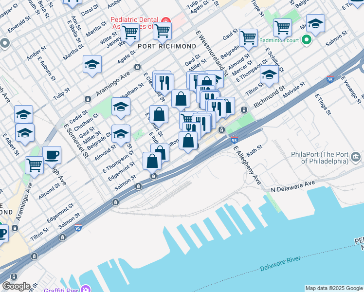 map of restaurants, bars, coffee shops, grocery stores, and more near 3057 Salmon Street in Philadelphia