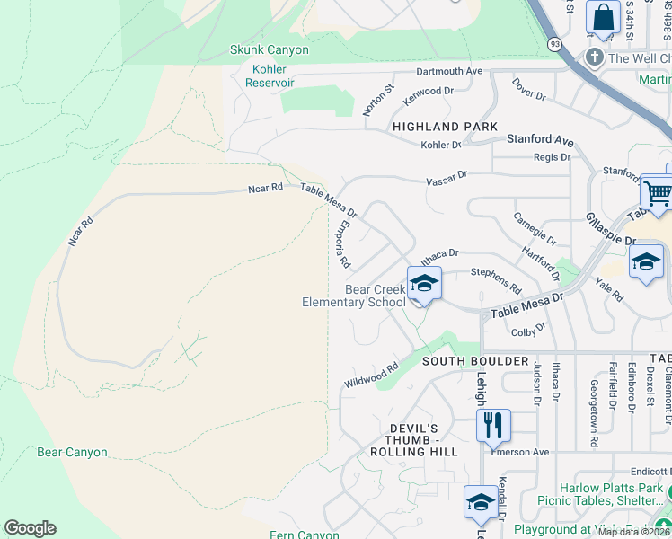 map of restaurants, bars, coffee shops, grocery stores, and more near 655 Emporia Road in Boulder