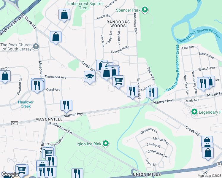 map of restaurants, bars, coffee shops, grocery stores, and more near 116a Creek Road in Mount Laurel Township
