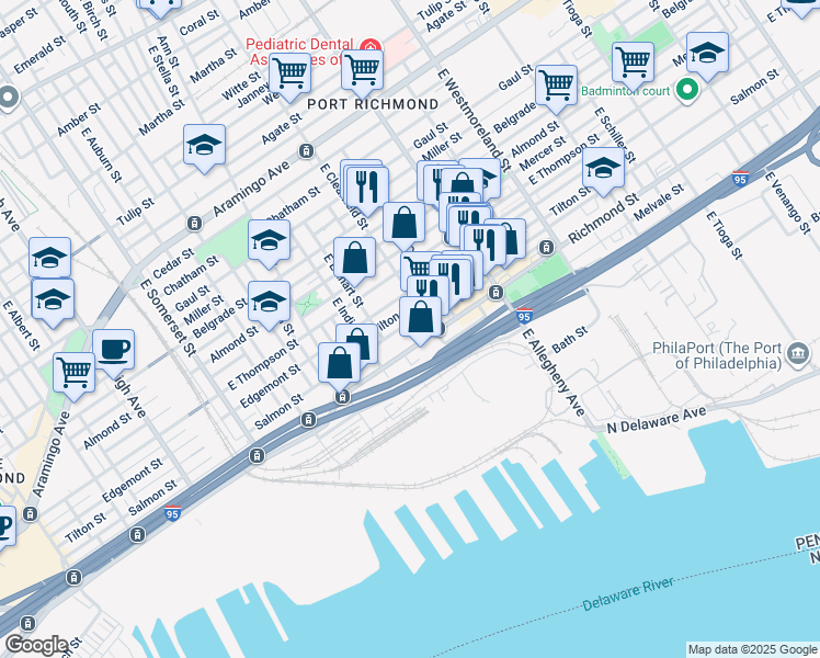 map of restaurants, bars, coffee shops, grocery stores, and more near 3059 Salmon Street in Philadelphia