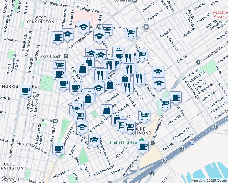 map of restaurants, bars, coffee shops, grocery stores, and more near 2171 East Letterly Street in Philadelphia