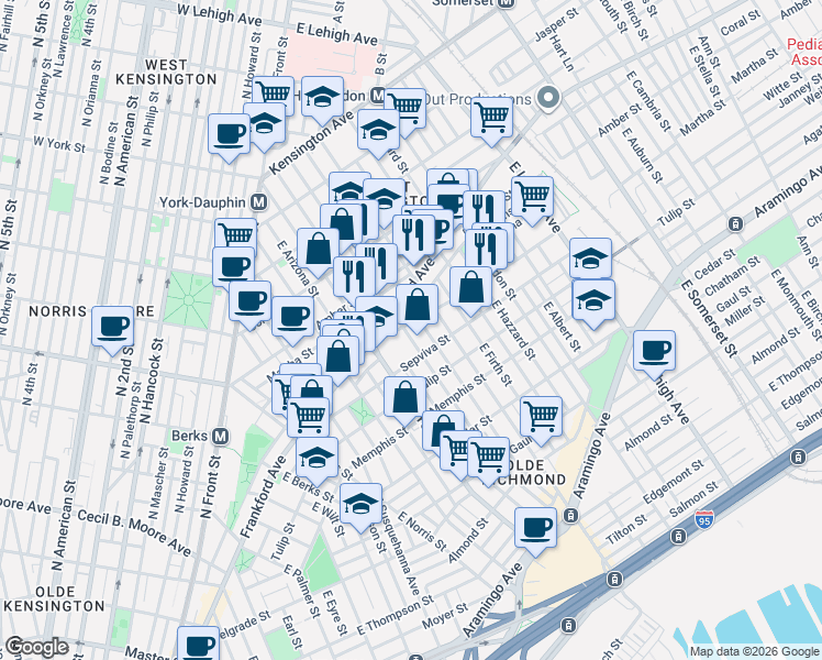 map of restaurants, bars, coffee shops, grocery stores, and more near 2133 East Letterly Street in Philadelphia