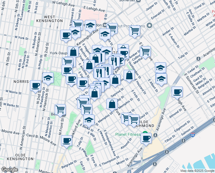 map of restaurants, bars, coffee shops, grocery stores, and more near 2424 Martha Street in Philadelphia