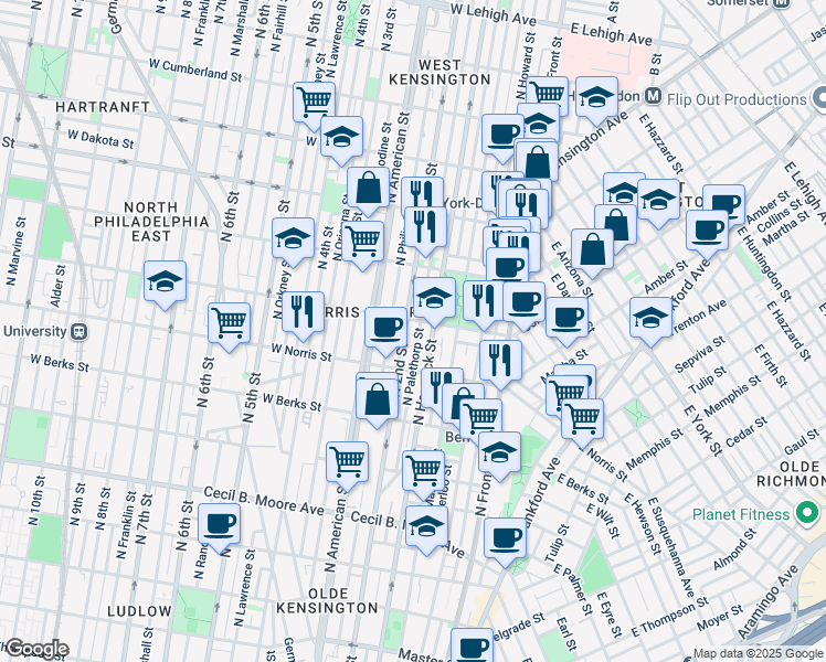 map of restaurants, bars, coffee shops, grocery stores, and more near in Philadelphia