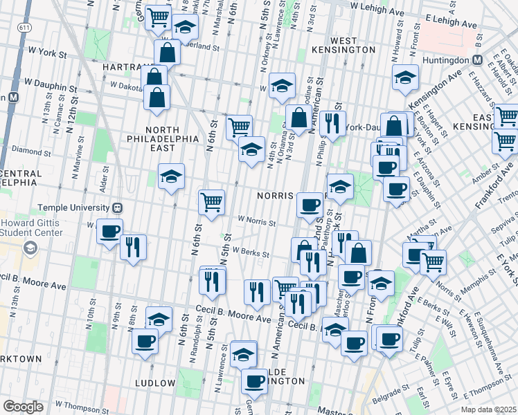 map of restaurants, bars, coffee shops, grocery stores, and more near in Philadelphia
