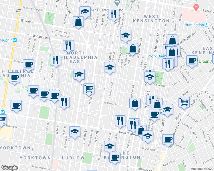 map of restaurants, bars, coffee shops, grocery stores, and more near 2048 North 5th Street in Philadelphia