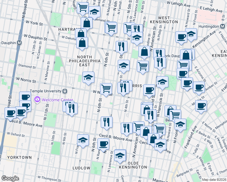 map of restaurants, bars, coffee shops, grocery stores, and more near 2048 North 5th Street in Philadelphia