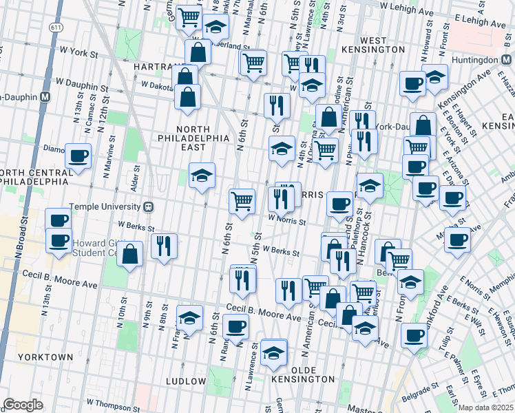 map of restaurants, bars, coffee shops, grocery stores, and more near 2048 North 5th Street in Philadelphia