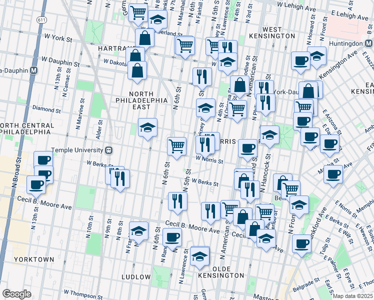 map of restaurants, bars, coffee shops, grocery stores, and more near 2048 North 5th Street in Philadelphia