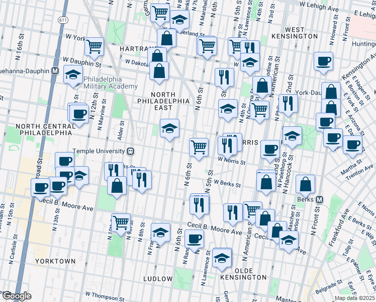 map of restaurants, bars, coffee shops, grocery stores, and more near 2036 Germantown Avenue in Philadelphia