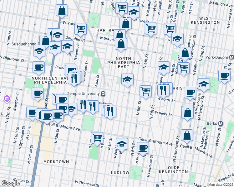 map of restaurants, bars, coffee shops, grocery stores, and more near 2021 North 8th Street in Philadelphia