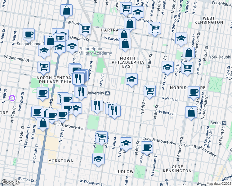 map of restaurants, bars, coffee shops, grocery stores, and more near in Philadelphia