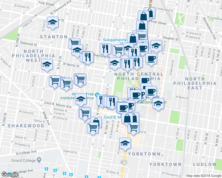 map of restaurants, bars, coffee shops, grocery stores, and more near 1858 North 16th Street in Philadelphia