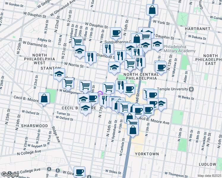 map of restaurants, bars, coffee shops, grocery stores, and more near 1858 North 16th Street in Philadelphia