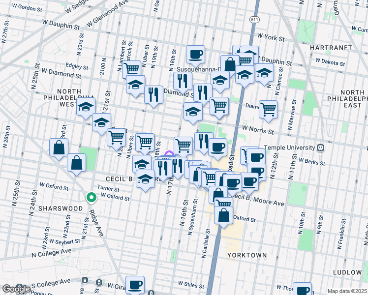map of restaurants, bars, coffee shops, grocery stores, and more near in Philadelphia