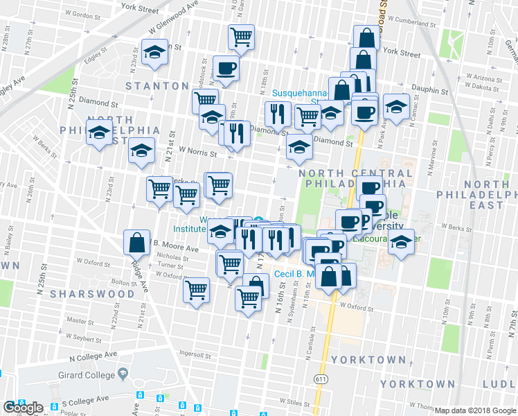 map of restaurants, bars, coffee shops, grocery stores, and more near 1849 North 18th Street in Philadelphia