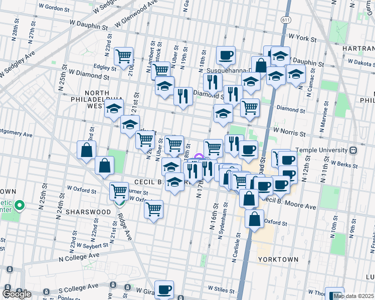 map of restaurants, bars, coffee shops, grocery stores, and more near 1849 North 18th Street in Philadelphia