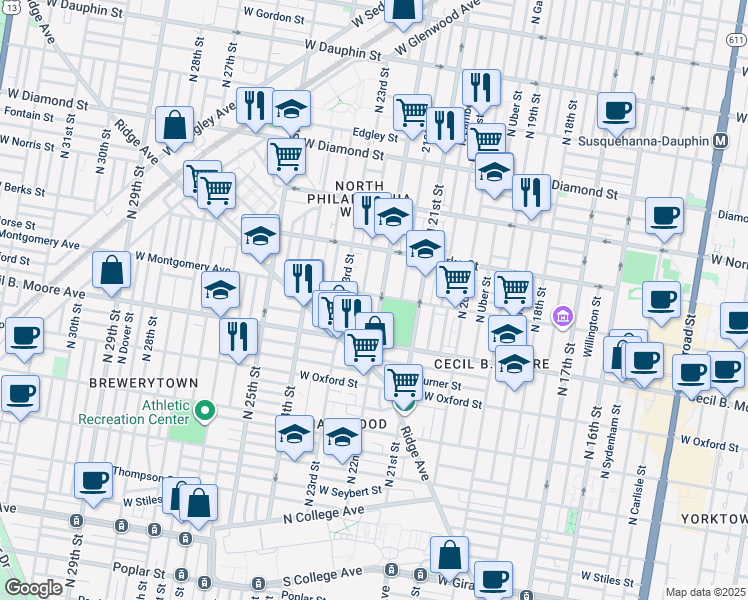 map of restaurants, bars, coffee shops, grocery stores, and more near 1821 North Croskey Street in Philadelphia