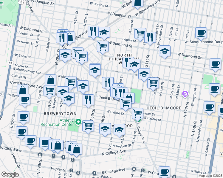 map of restaurants, bars, coffee shops, grocery stores, and more near 2407 West Montgomery Avenue in Philadelphia