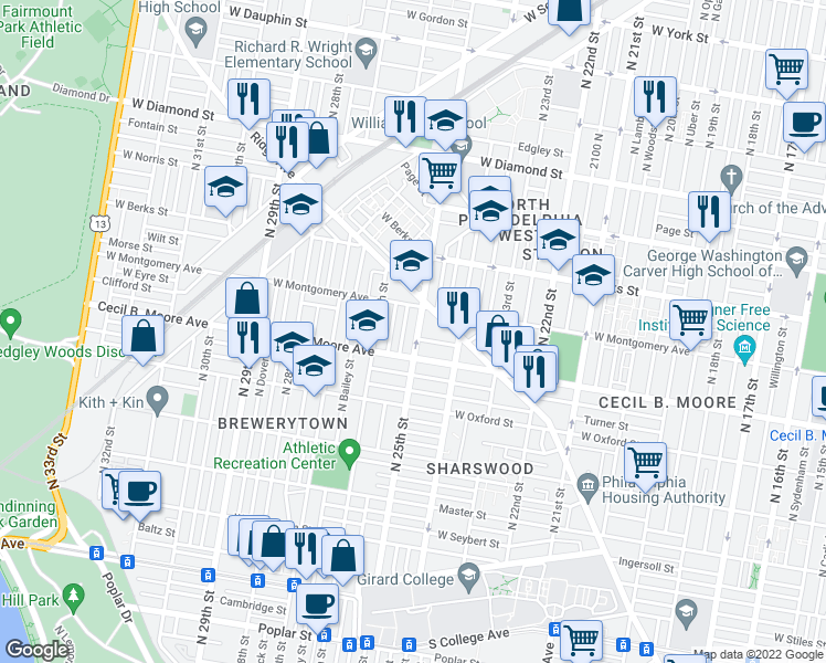 map of restaurants, bars, coffee shops, grocery stores, and more near in Philadelphia