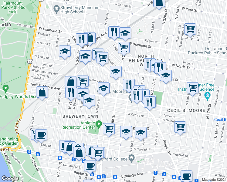 map of restaurants, bars, coffee shops, grocery stores, and more near in Philadelphia